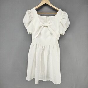Mini Dress Womens Small White Bow Front Puff Sleeve Jacquard Coquette Wedding